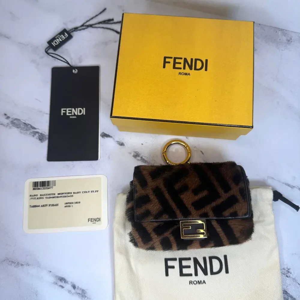 Fendi Zucca Shearling Baguette Charm Nano FF 2022 Crossbody Mini Bag Gold Chain - Picture 14 of 14